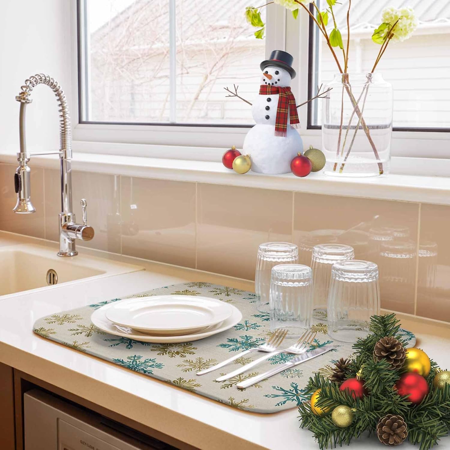 Christmas Winter Teal Golden Snowflakes Seamless Dish Drying Mats for Kitchen Counter,Absorbent Microfiber Dish Drainer Rack Mat Vintage Linen Drying Pad for Sinks,Utensils,Countertops,18x24in