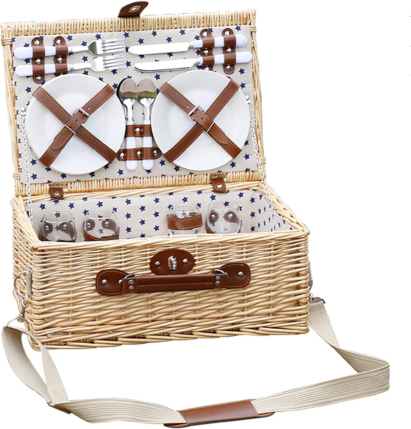 Picnic Basket Classic Picnic Basket Set for 4 Persons,Willow Picnic Basket Handmade Natural Wickerr Basket with Tableware Set for Outdoor Picnic Or Camping. Perfect Thoughtfu (A 46x31x20cm)