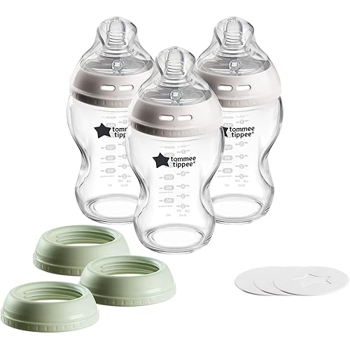 Tommee Tippee Natural Start 9 oz Glass Baby Bottles, Self Sterilizing, BPA & Phthalates Free, 0+ Months, Slow Flow Breast-Like Nipple for a Natural Latch, Travel Jar Lids, Cup Rings, Pack of 3