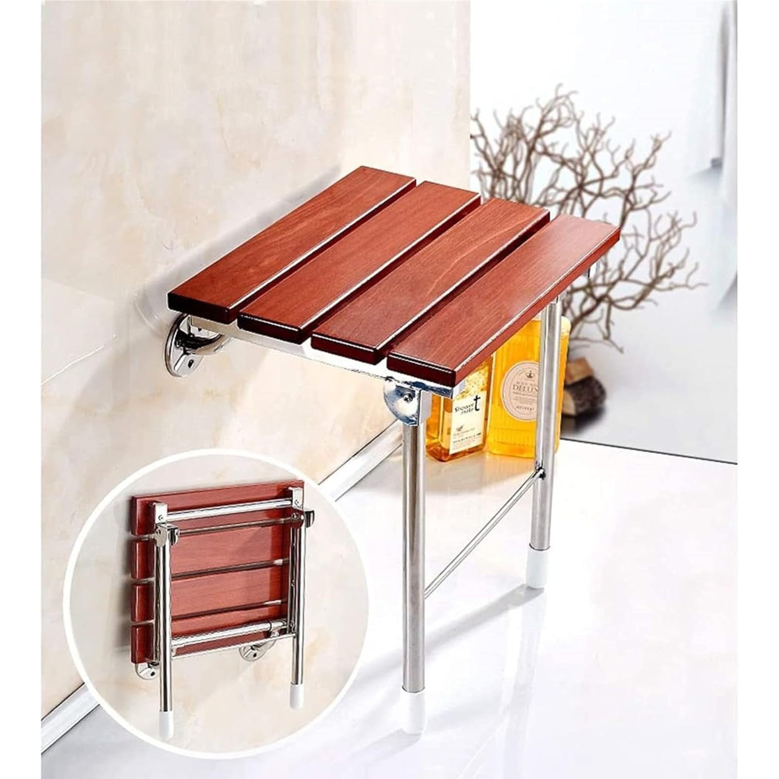 Asiento Ducha Plegable Pared Montada,Silla Abatible Ducha Montado en la Pared,Taburete Baño Banqueta Ducha para Personas Mayores Minusvalidos Adultos,Asiento de Ducha Plegable de Madera