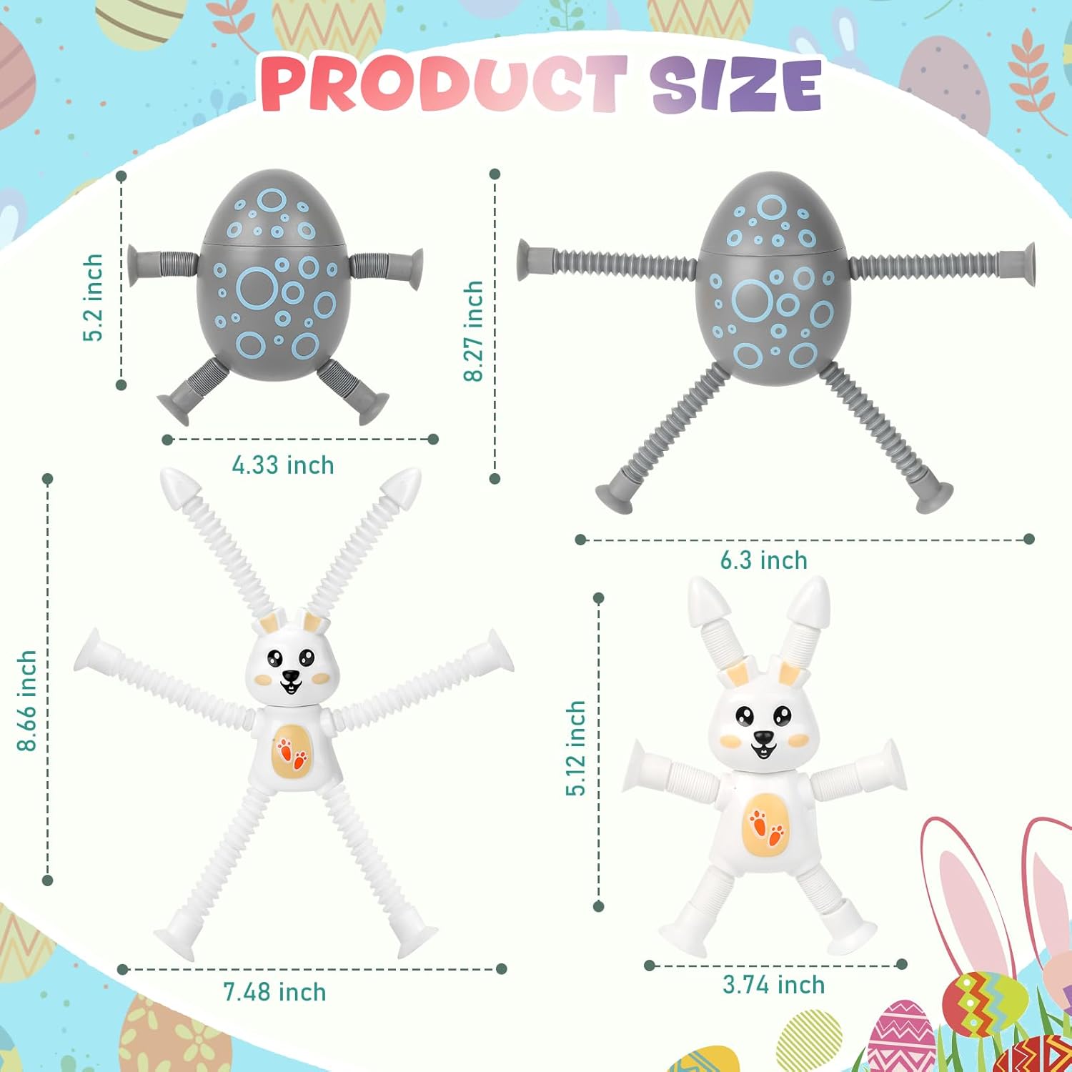 Easter Basket Stuffers Egg Fillers for Toddlers Kids, 4 Pack Suction Pop Tube Fidget Easter Toys for Boys Girls, Bunny Rabbit Easter Gifts Party Favors
