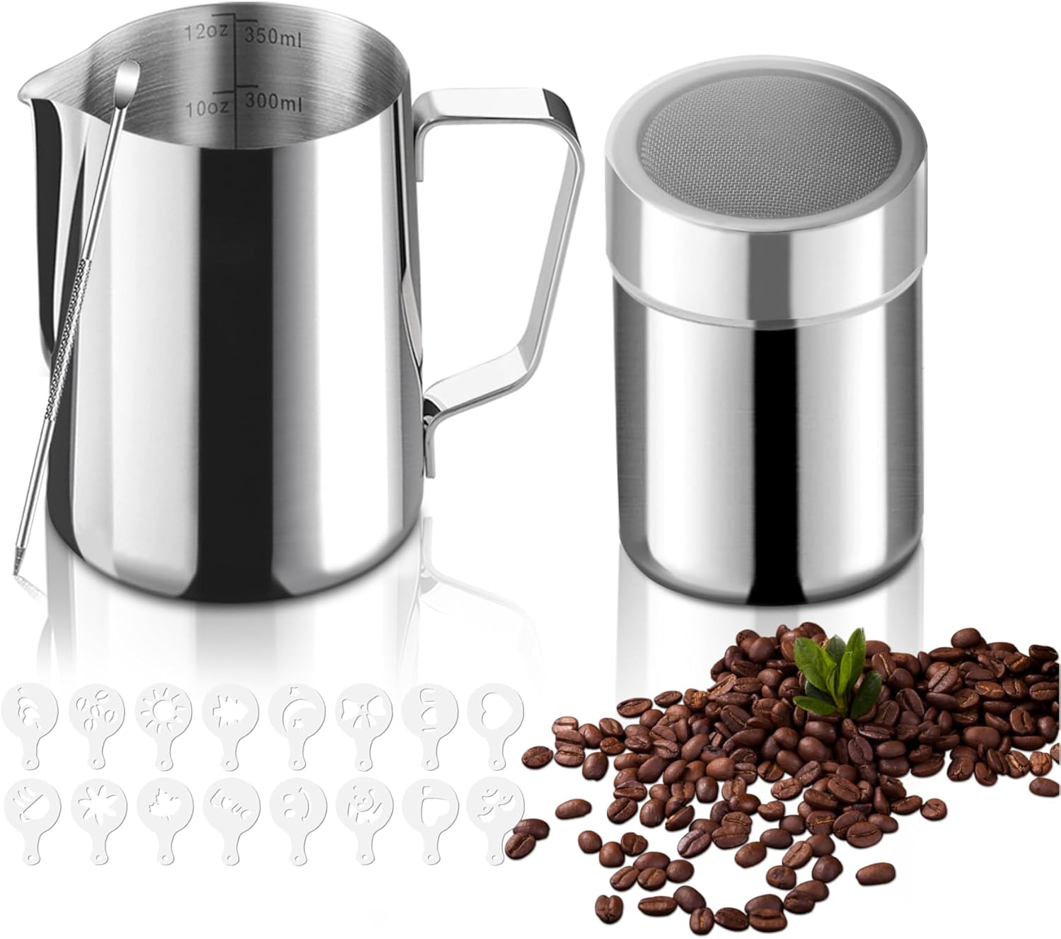 Gevi 4pcs Milk Frother Pitcher, 12oz/350ml Stainless Steel Jug, Powder Shaker with Lid, Cappuccino Latte Art Pen, Coffee Decorating Stencils