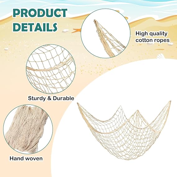 2 Pack Fishing Net, 59x39in Fishing Net Decoration, Natural Fish Nets Decorations for Party, Wall Hanging Fishnet Under The Sea Pirate Ocean Beach Halloween Bedroom Decor