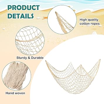 2 Pack Fishing Net, 59x39in Fishing Net Decoration, Natural Fish Nets Decorations for Party, Wall Hanging Fishnet Under The Sea Pirate Ocean Beach Halloween Bedroom Decor