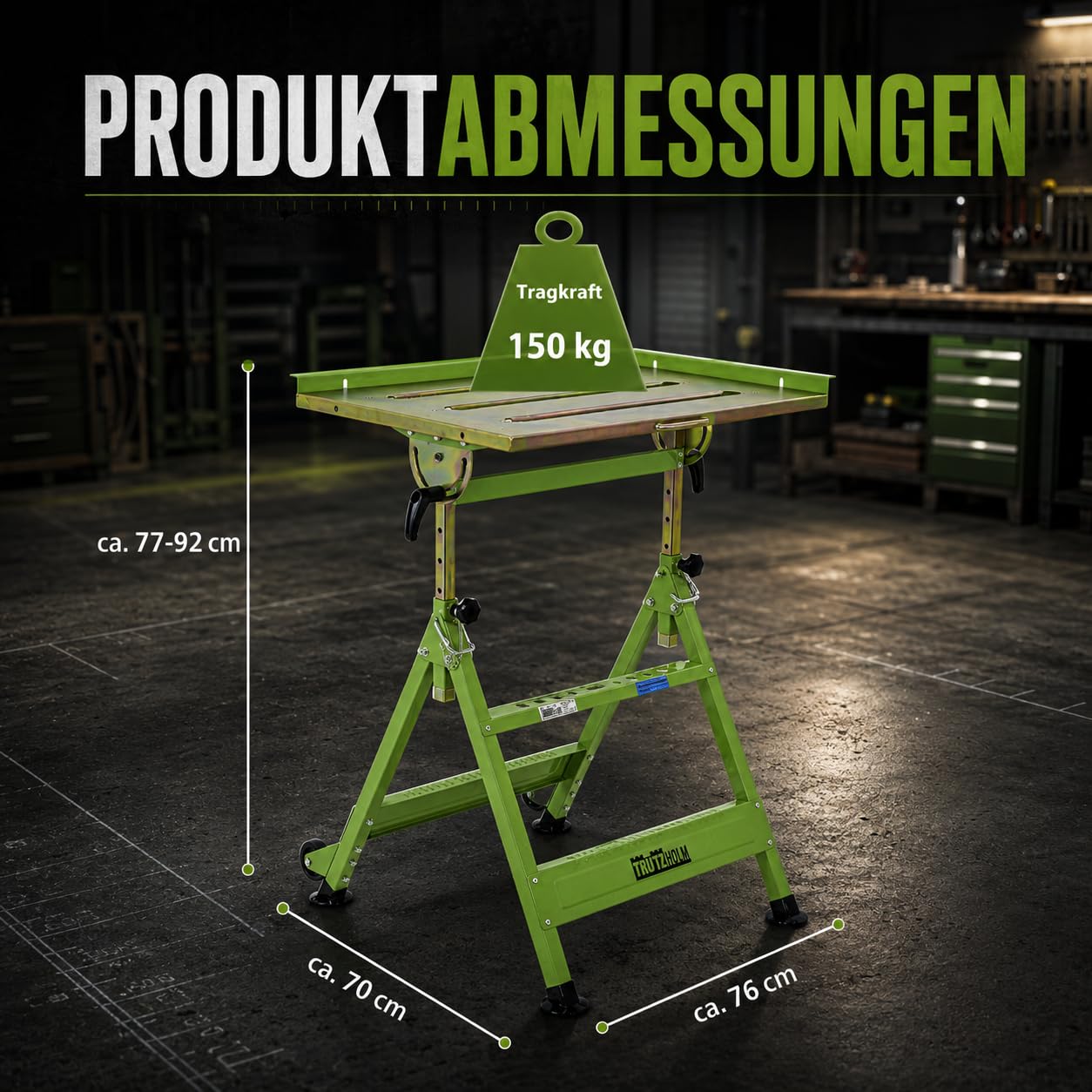 TRUTZHOLM mobiler Schweißtisch klappbar höhenverstellbar von 77-92 cm, 150 Kg, große Arbeitsplatte, stufenlose Neigung bis 90° Profi Werktisch Werkbank mit Rädern und Tragegriff, platzsparend
