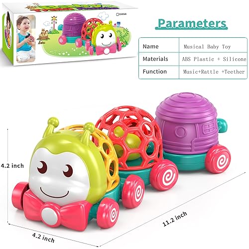Miniatura 6 de MOONTOY Caterpillar - Juguetes de coche para bebés de 6 a 12 meses, juguete musical para gatear para niños pequeños, juguete sensorial suave de