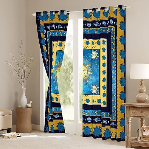 Miniatura 3 de Cortinas de sol para dormitorio, sala de estar (2 paneles, 38 x 45 pulgadas), patrón bohemio, hippie, sol, luna, 30% a 50%, cortinas opacas bohemias