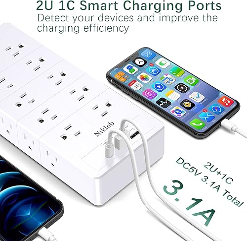 Miniatura 7 de Protector de sobretensiones 23 en 1, cable de extensión de 6 pies con 3 puertos USB inteligente 3.1A, adaptador de salida múltiple 20 tomas,