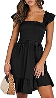ANRABESS Women's Sleeveless Square Neck Smocked Ruffle Backless Boho Beach Sundress - Summer Casual Short Dress