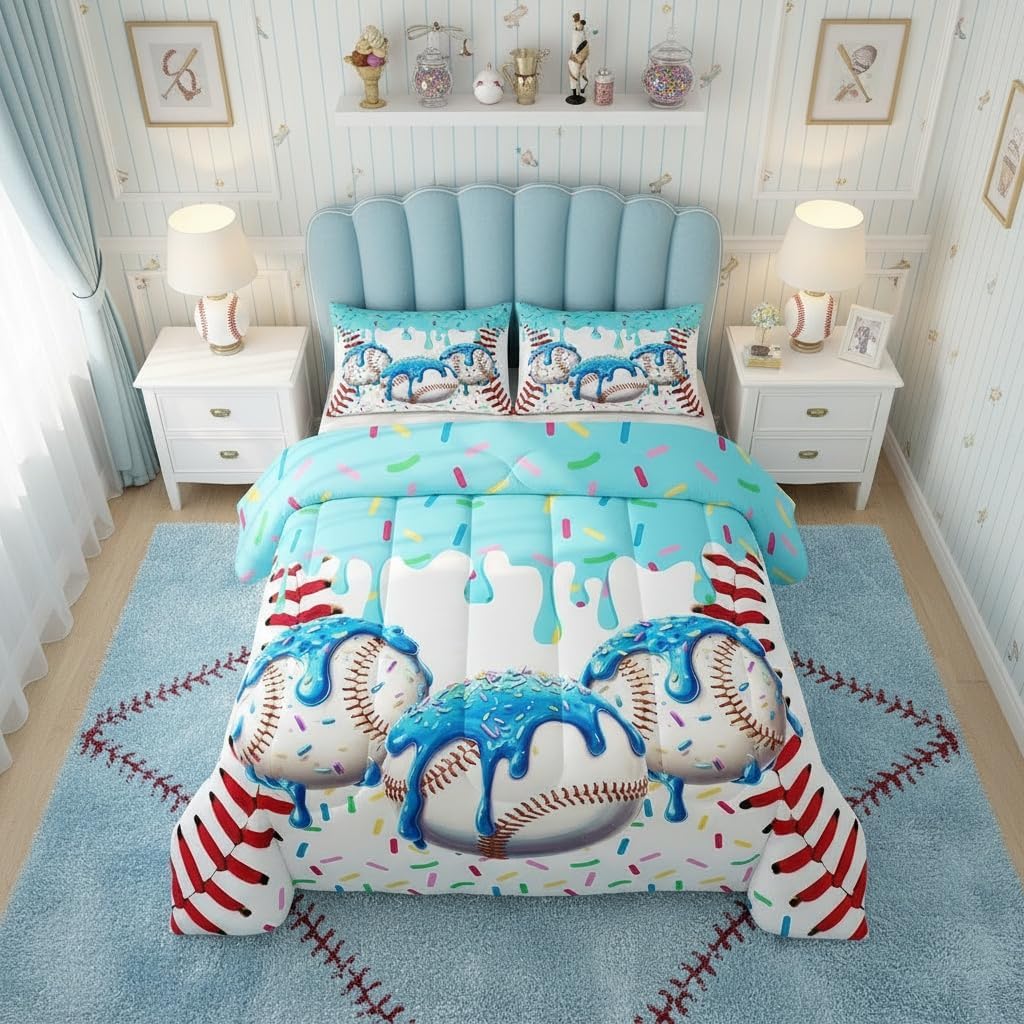 Castle Fairy Baseball Cream Comforter Twin,Sport Ice Cream Bedding Set for Teens Youth Kids Girls Bedroom Decor,Red White Ball Texture Reversible Quilt Sets,Blue Cream Colorful Candy Quilt Set,2Pcs
