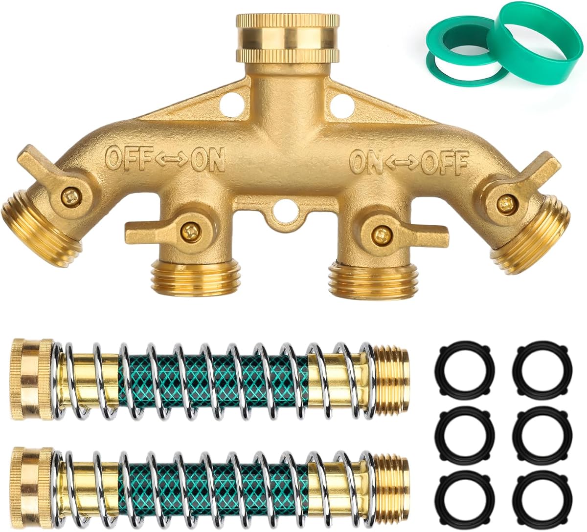 Twinkle Star Garden Hose Splitter 4 Way Brass Heavy Duty, Hose Extension Adapter with Coil Spring Protector, 6 Rubber Washers & 1 Teflon Tape