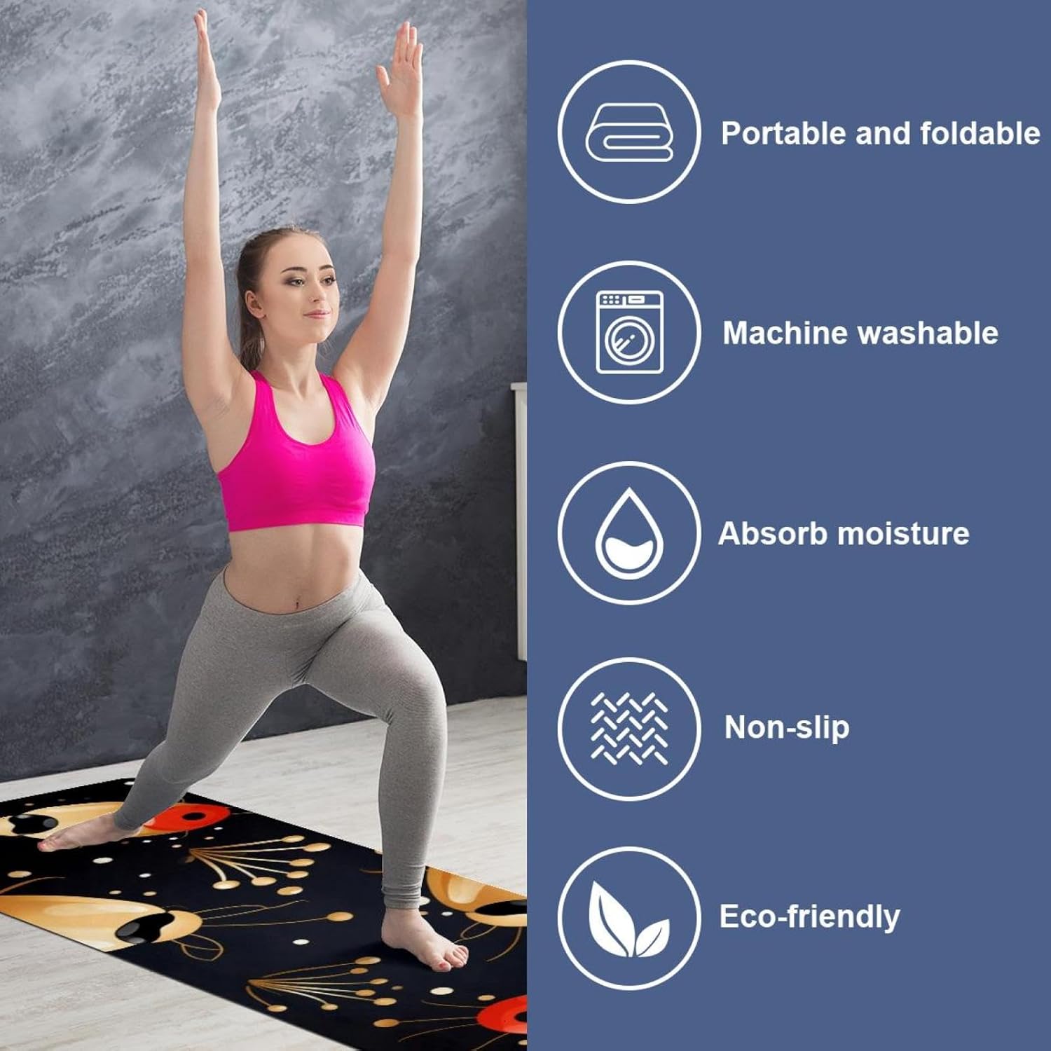 Yoga Towel, Ladybug Pattern Non Slip Sweat Absorbent Hot Yoga Mat Towel for Hot Yoga, Pilates and Fitness - 72.8" x 26.8"