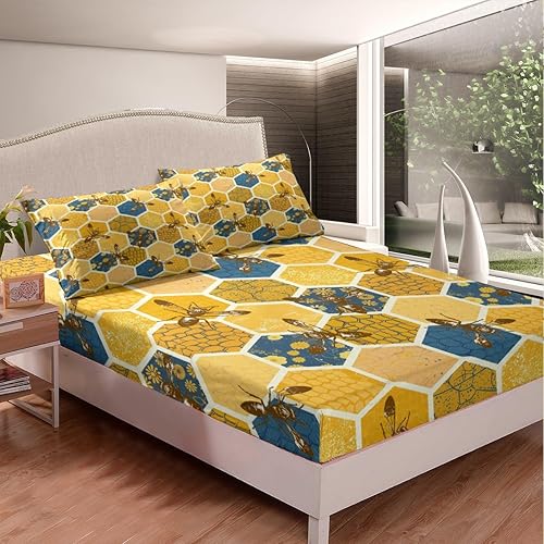 Miniatura 2 de Juego de ropa de cama de panal tamaño Queen, sábana bajera ajustable de abeja para niños y niñas, diseño geométrico de vida silvestre voladora,