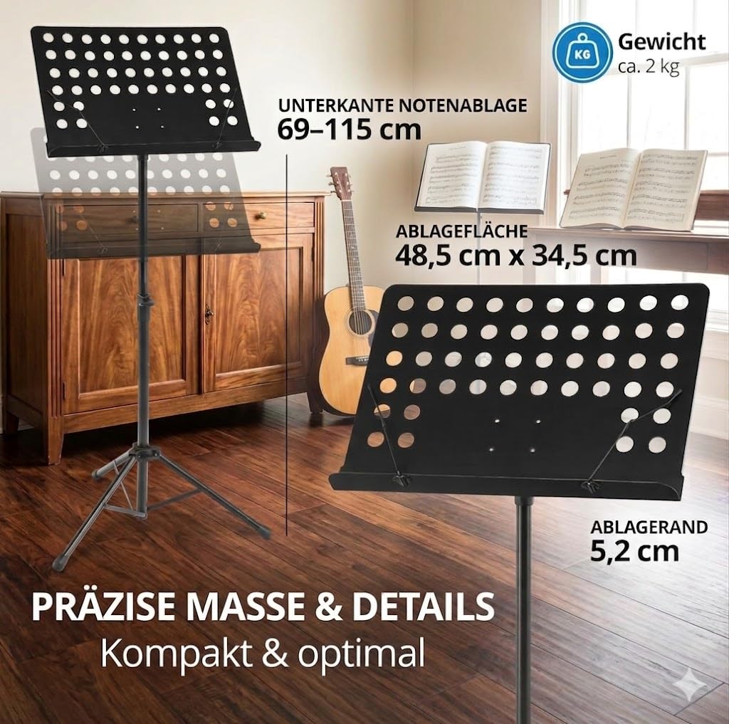 Infitronic INNPBSET01 – Atril para partituras de orquesta negro – Altura ajustable (83 – 150 cm), atril estable con bandeja perforada y bolsa de transporte, luz para atril + clip para partituras +