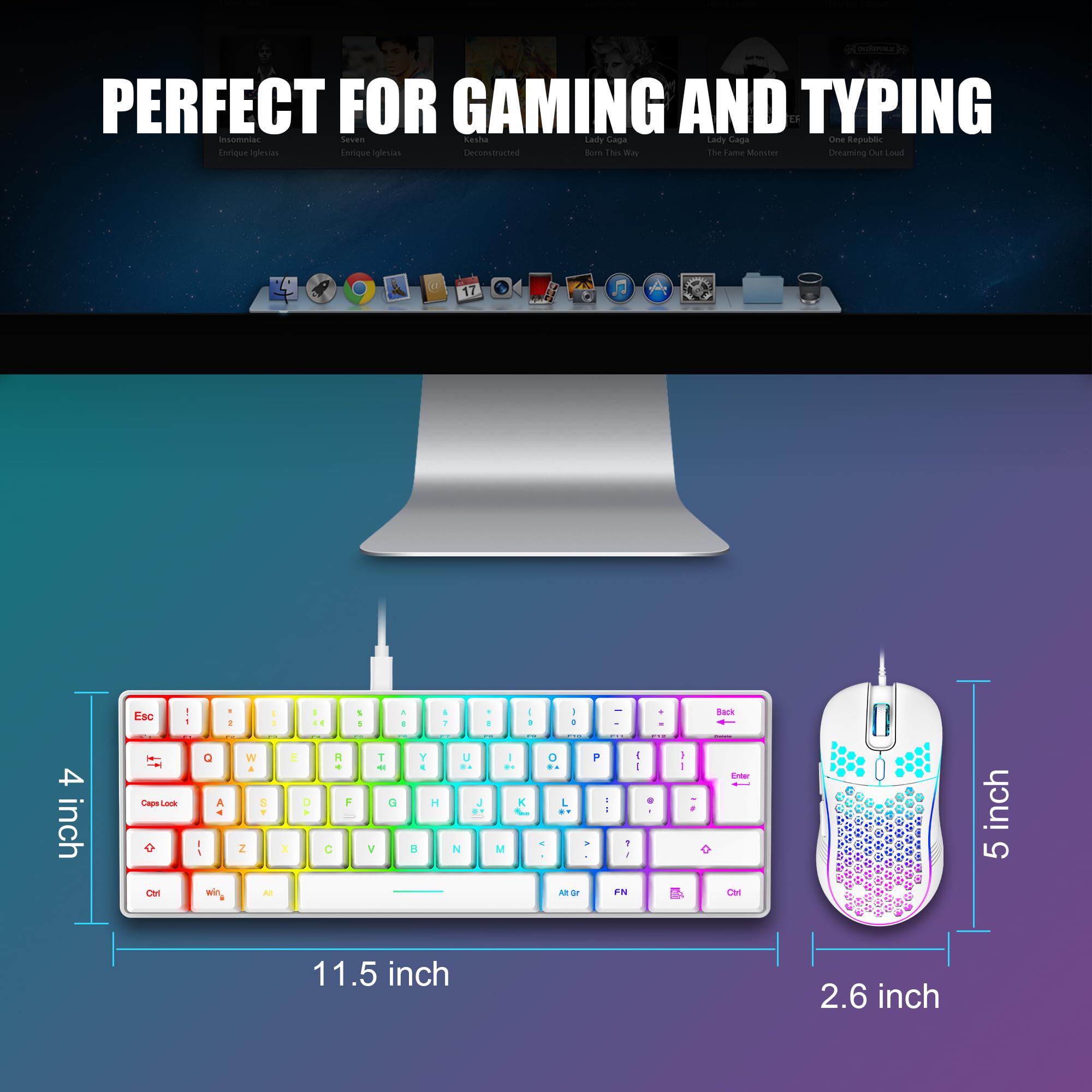 RedThunder Kombinacja klawiatury i myszy do gier 60% RGB, ultrakompaktowa podświetlana mini klawiatura, lekka mysz optyczna 7200 DPI, przenośny, przewodowy zestaw do gier dla graczy PS5 (biała)