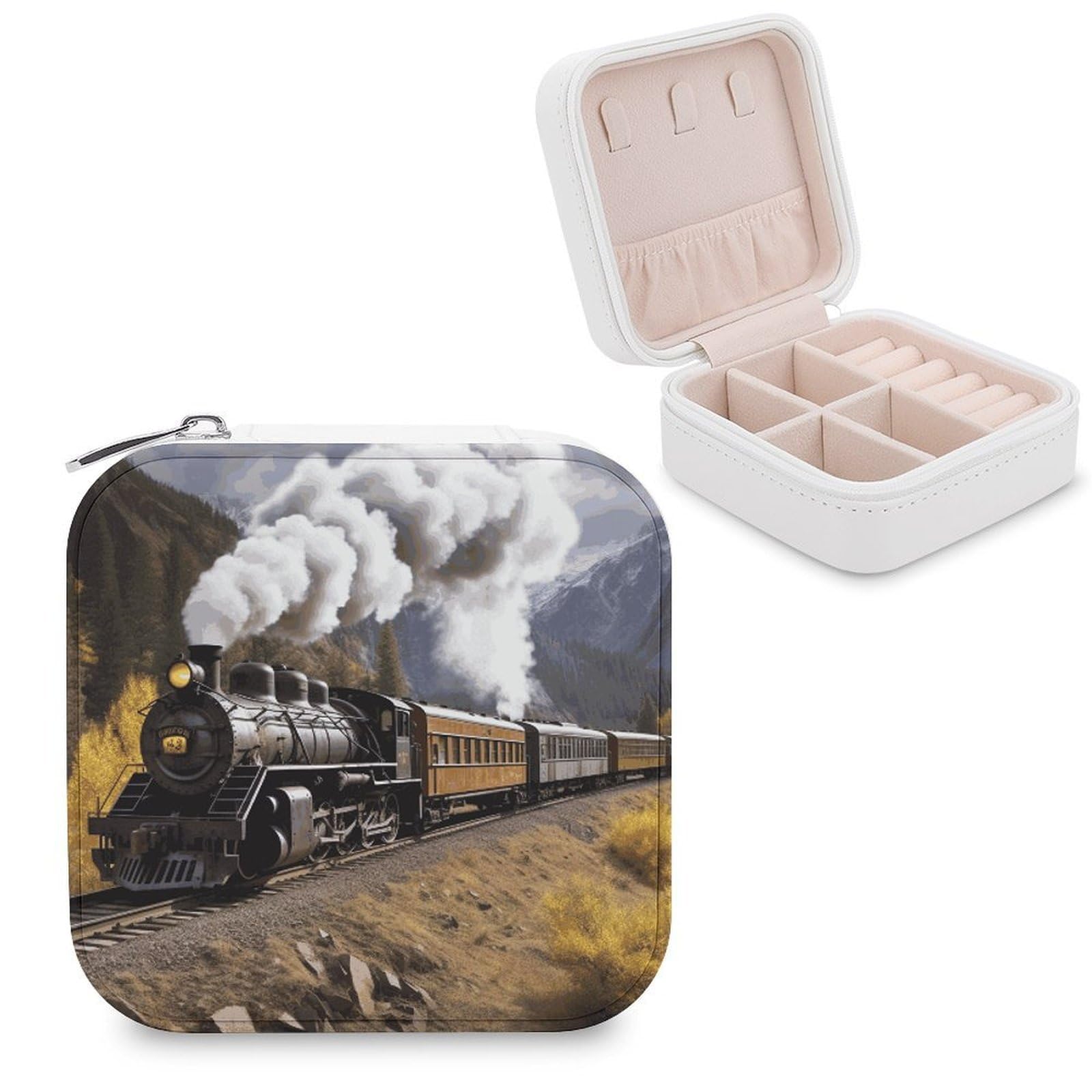 JTREHY Travel Steam Locomotive Train Jewelry Case Portable Display Storage Box PU Leather Mini Jewelry Travel Case Personalized Travel Jewelry Organizer Small Jewelry Box for Women