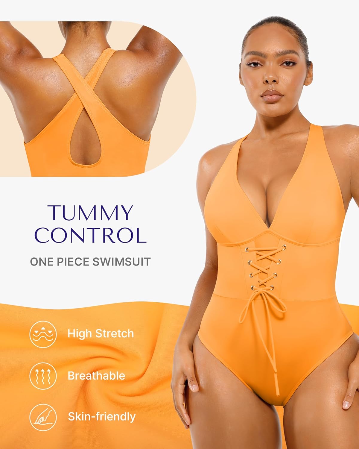 SHAPELLX Women One Piece Swimsuits Tummy Control Bathing Suits Push Up Slimming Swimwear with Built-in Bra V Neck - Image 3