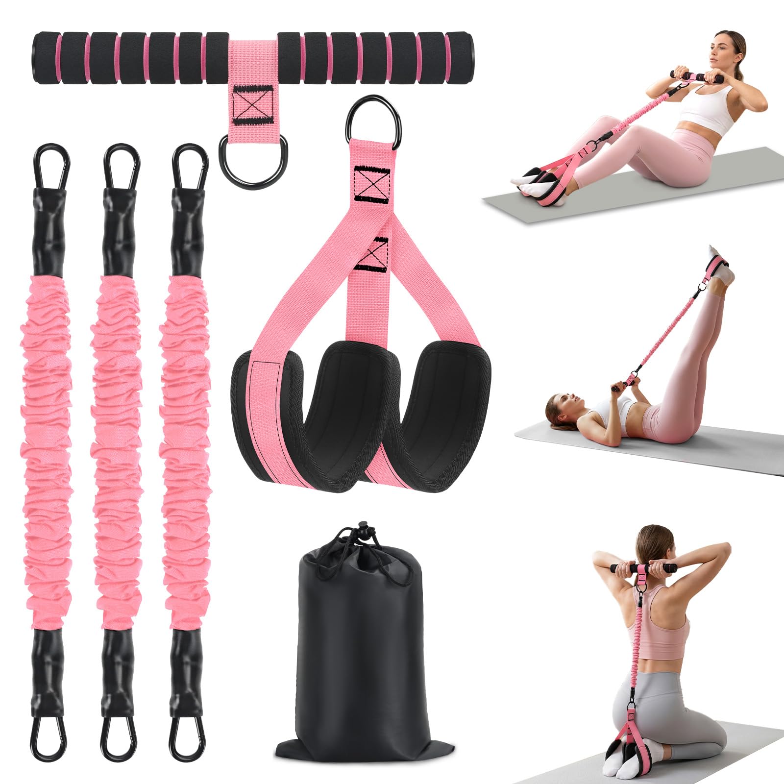 Pedal Resistance Band with Handle Multifunction Foot Pedal Resistance Bands 3 Tube Adjustable Resistance Bands for Abdomen Puller Exercise Band Pedal Puller Device Sit Up Exercise Equipment for Women