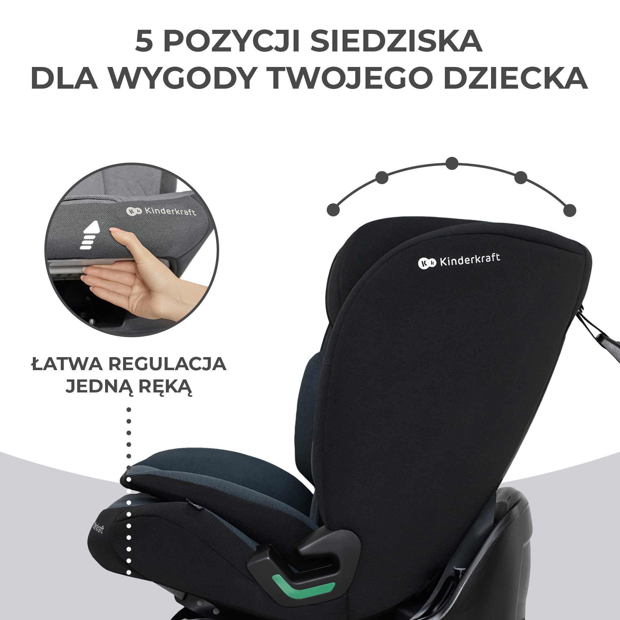 Kinderkraft ONETO3 Fotelik samochodowy z bazą, I-Size 76 do 150 cm, Systemy bezpieczeństwa, Isofix, Reclining, Wzmocniony zagłówek, Wkładka dla najmłodszych, Grupa wiekowa 1/2/3, do 36 kg, Czarny