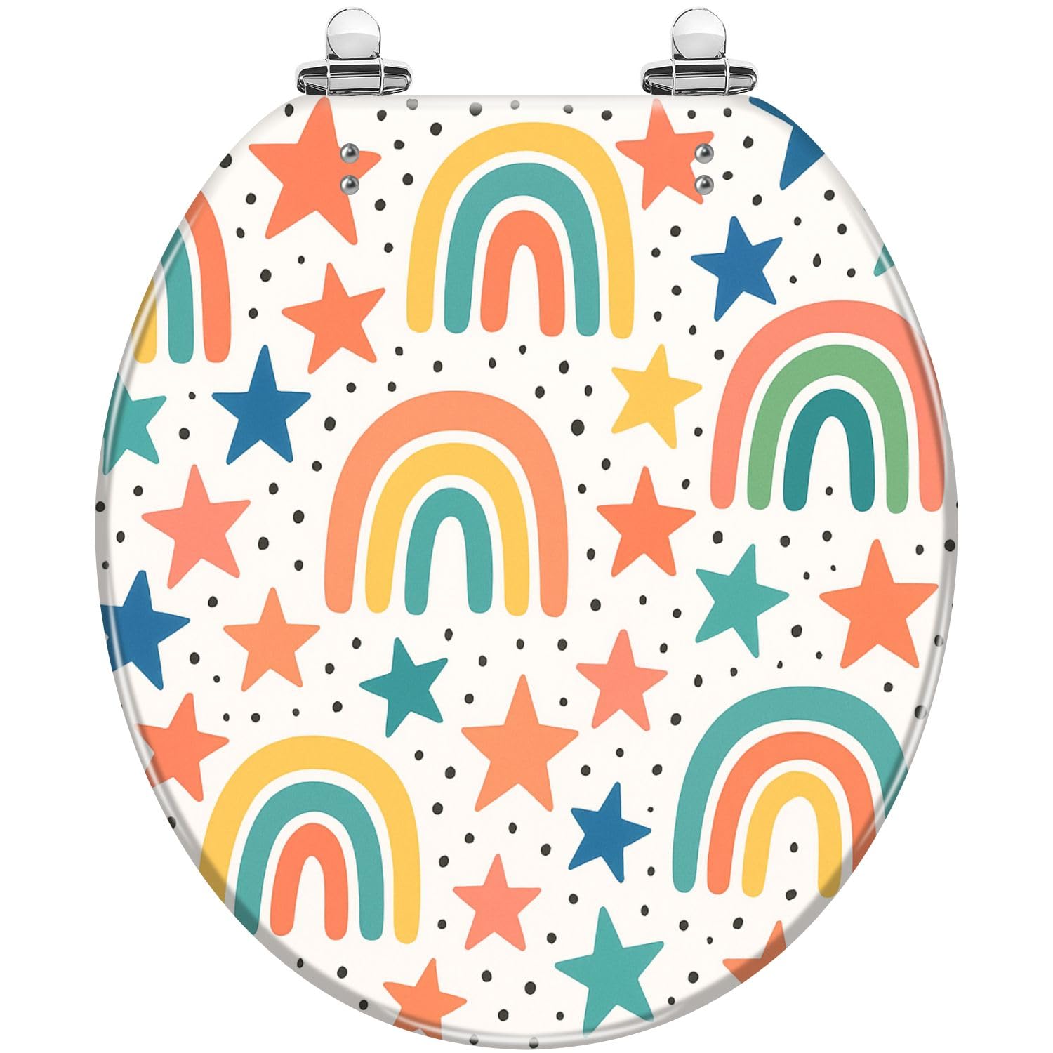 Round Toilet Seat Seamless cute pattern for kids children Rainbow stars Scandinavian Resin Toilet Seat Quietly Close Quick Release Hinges with Cover Bumpers Decorative Easy to Install Clean