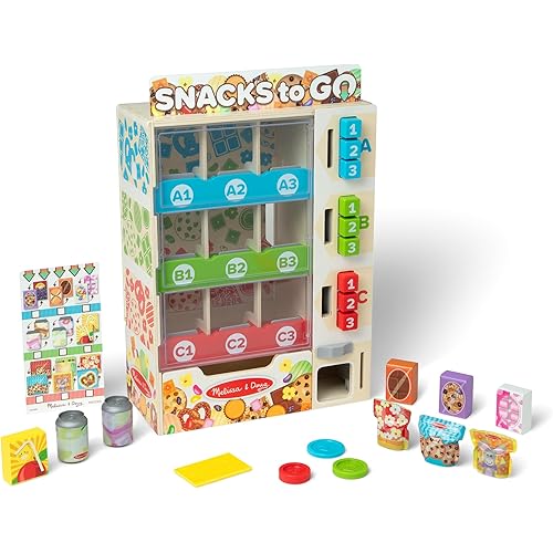 Melissa & Doug Sort-Stock-Select Wooden Vending Machine Toy with Play Food, Mini Vending Machine Toys & Play Money, Preschool Toys for Kids Ages 3+