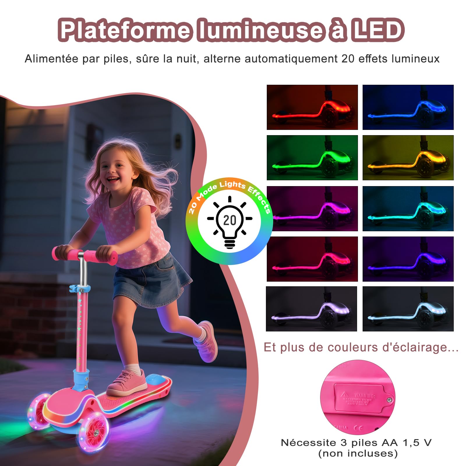 Trotinette Enfant 3 Roues de 2 à 10 Ans, Trottinette avec Siège 2 en 1, Trottinette Pliable avec Guidon Réglage en Hauteur et Roues LED, Scooter Antidérapant pour Filles et Garçons