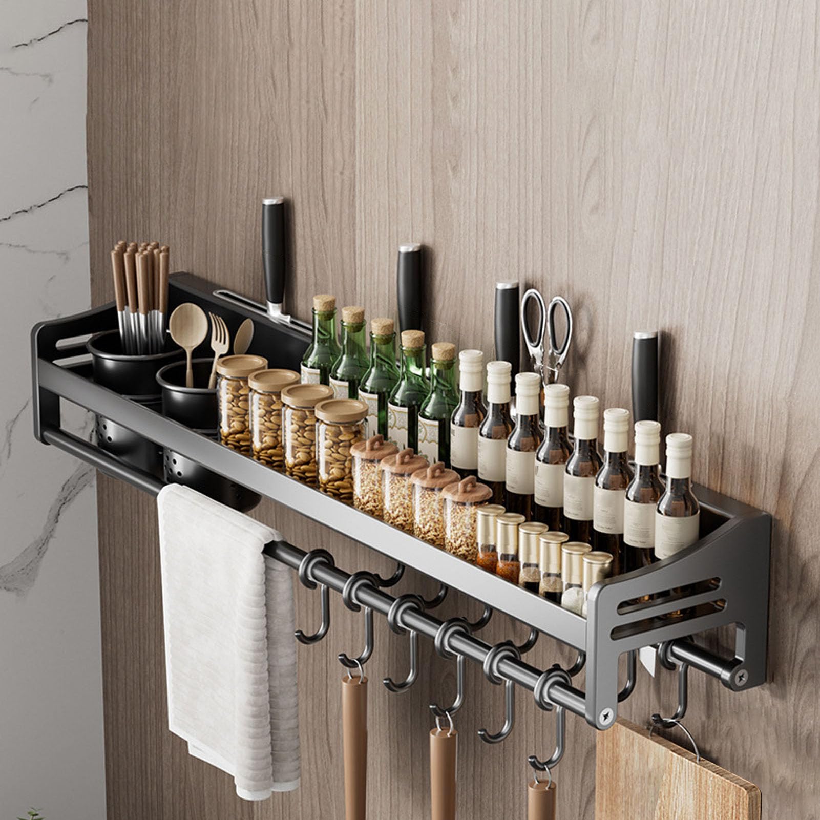 70cm,Especiero Pared Especiero Colgante Sin Taladro con Ganchos Extraíbles y Soporte, ​Estantería de Especiero de Acero Inoxidable, Especieros para Cocina, Especiero Organizador Cocina