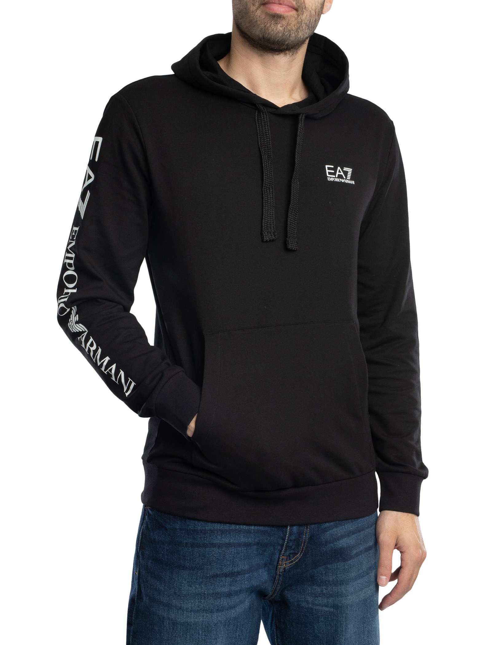 EA7 Men's Chest Logo Pullover Hoodie, Black/White, M