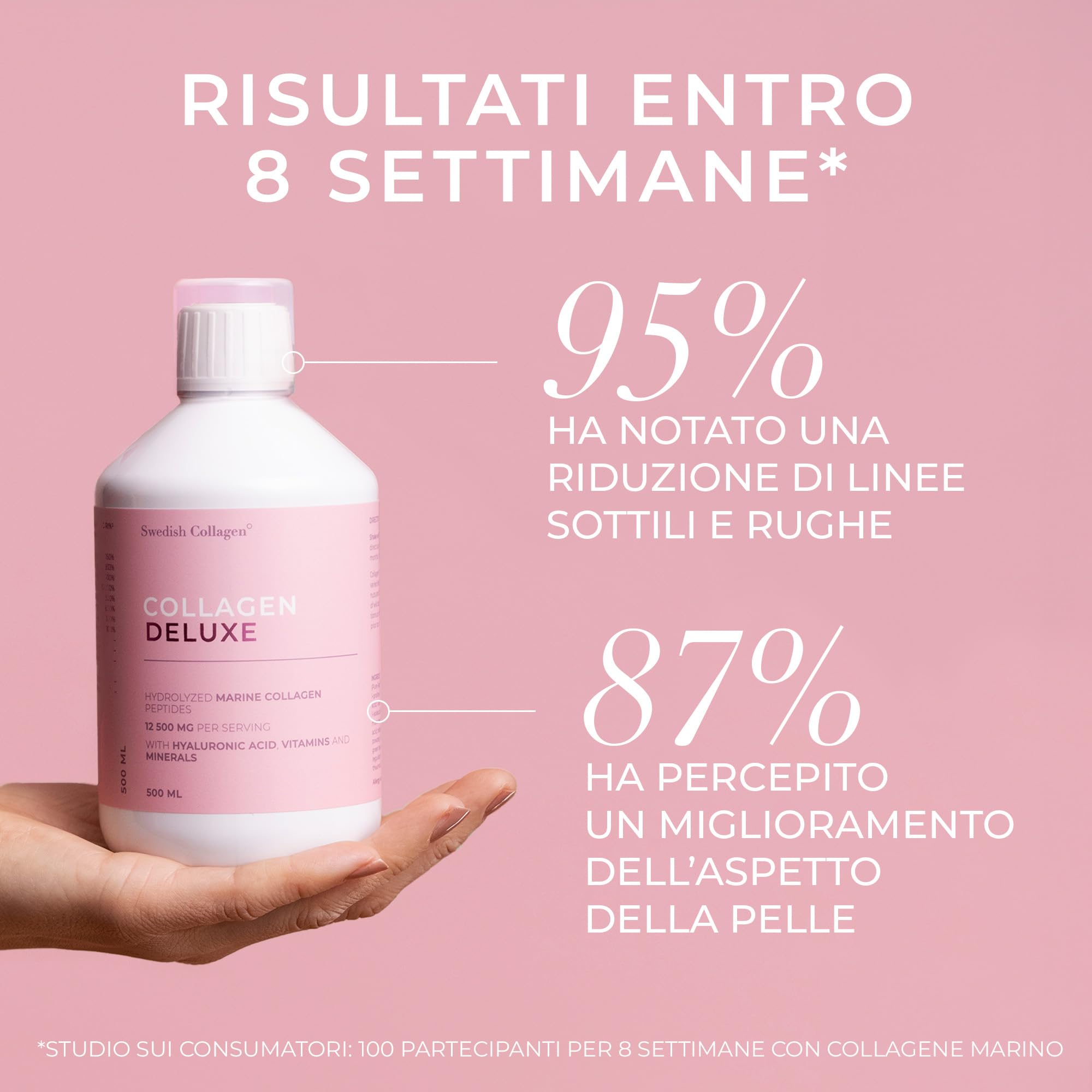 Swedish Collagen - Collagen Deluxe 500 ml Peptidi di Collagene Marino Idrolizzato | 12.500 mg Collagene | Con Acido Ialuronico, Vitamine e Minerali