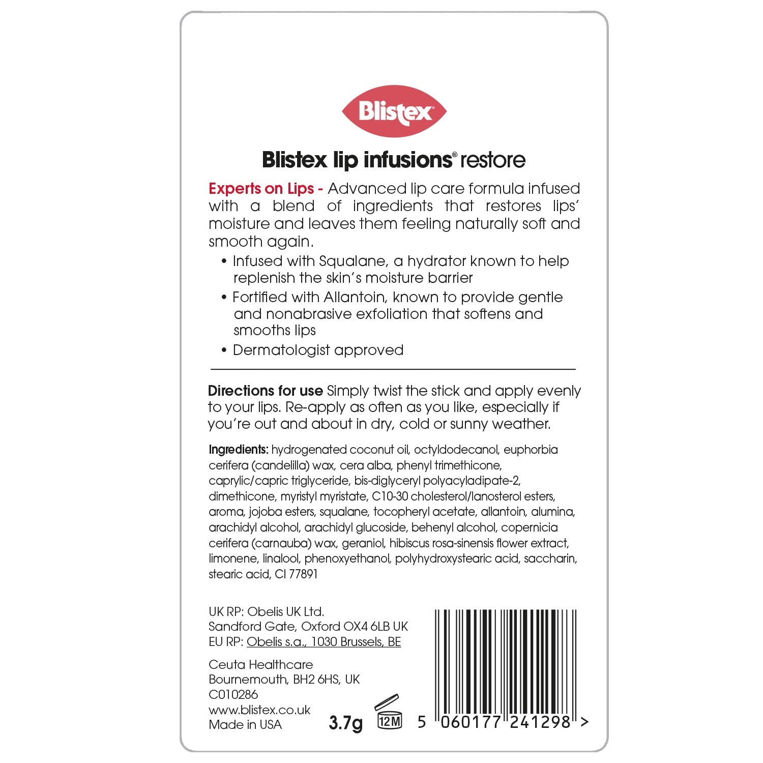 Blistex Lip Infusions Restore Lip Balm with Squalane, Coconut Oil & Natural Beeswax to Moisturise and Protect 3.7g - Image 2