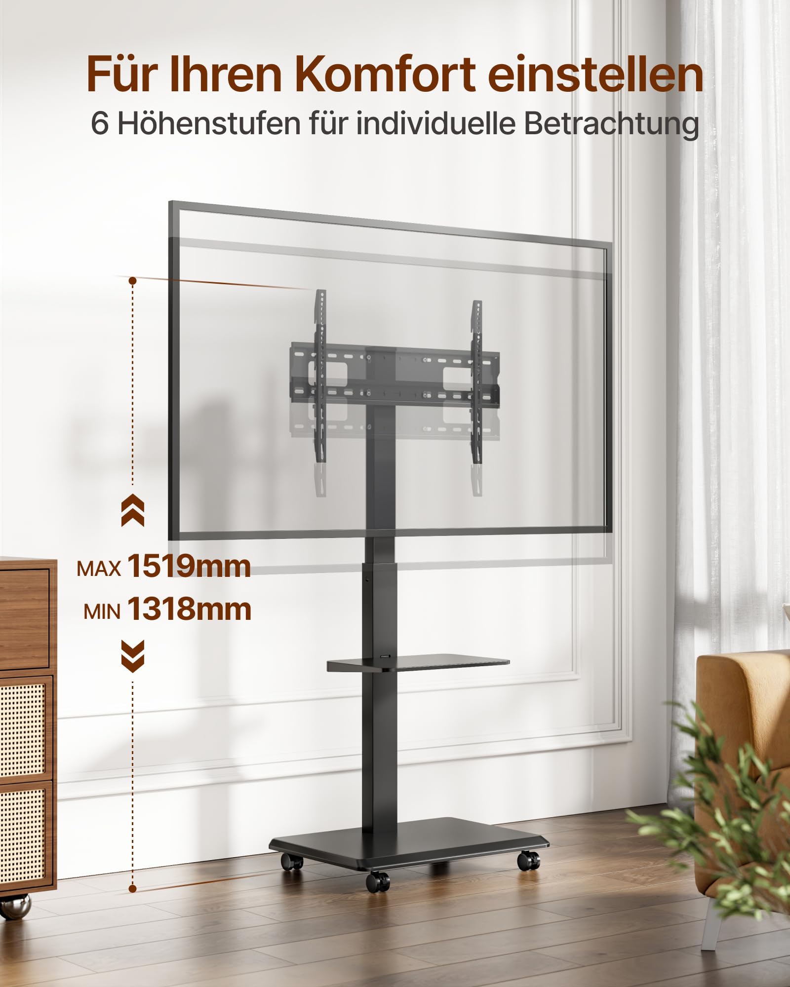 TV Ständer Rollbar mit Steckdose, 37"-75", 50kg, Max VESA 600x400 | TV Standfüße mit Versteckter Kabelverwaltung, Höhenverstellbar, Schwenkbar, Neigbar, ±3° Niveau, Einfache Montage, Schwarz