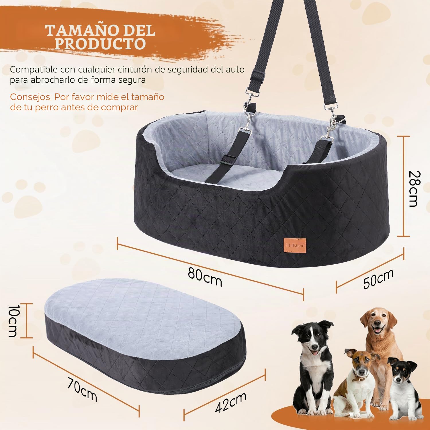 Asiento de Coche de 10 cm de Altura para Perros de Menos de 25 kg | Cojín de 70 x 42 x 10 cm, 2 correas de seguridad, asiento para coche para perros con funda extraíble y lavable