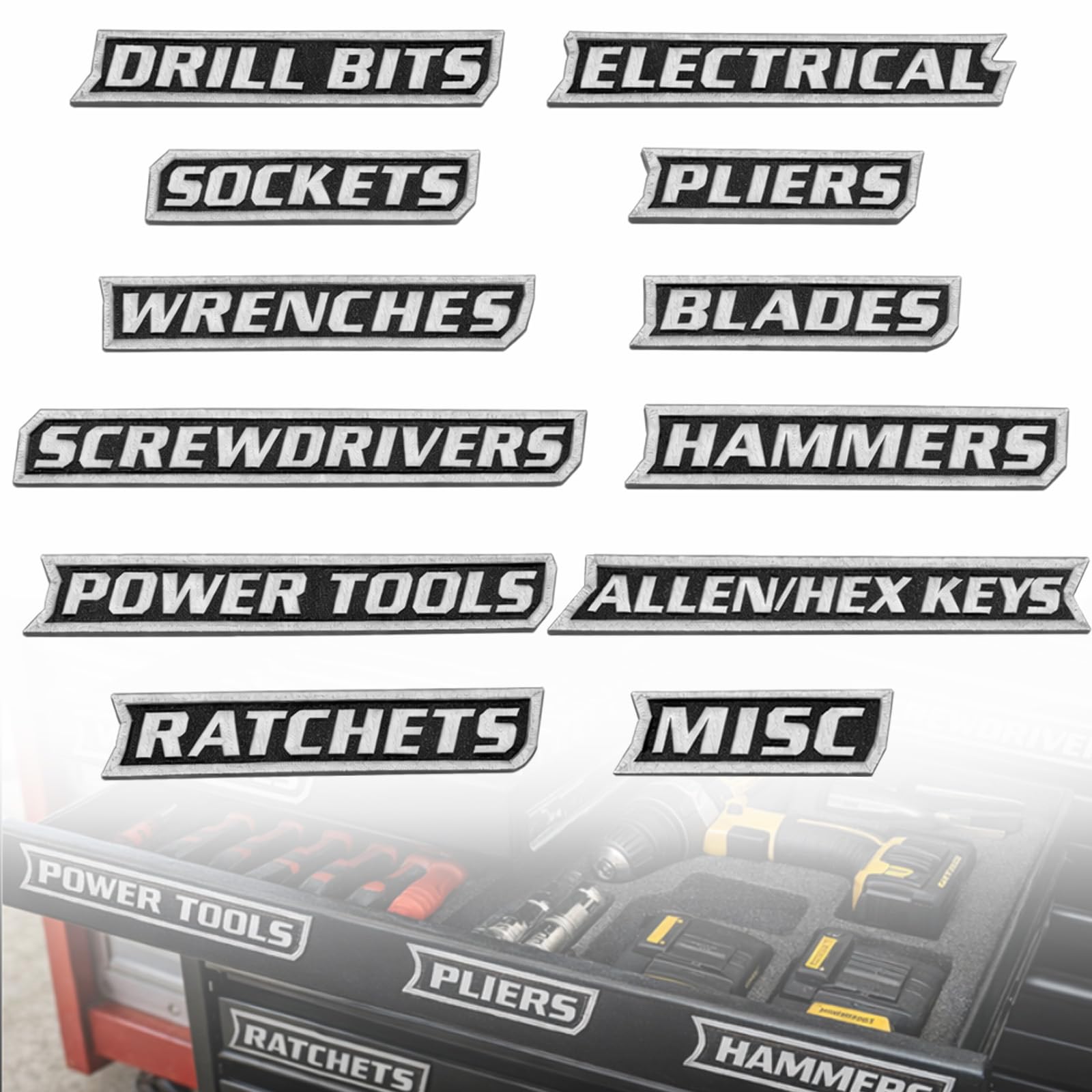 Magnetic Tool Box Labels, Tool Box Labels, 3D Printed Plastic Tool Labels, Suitable for Toolbox Surfaces, Lightweight and Reusable, 12 PCS