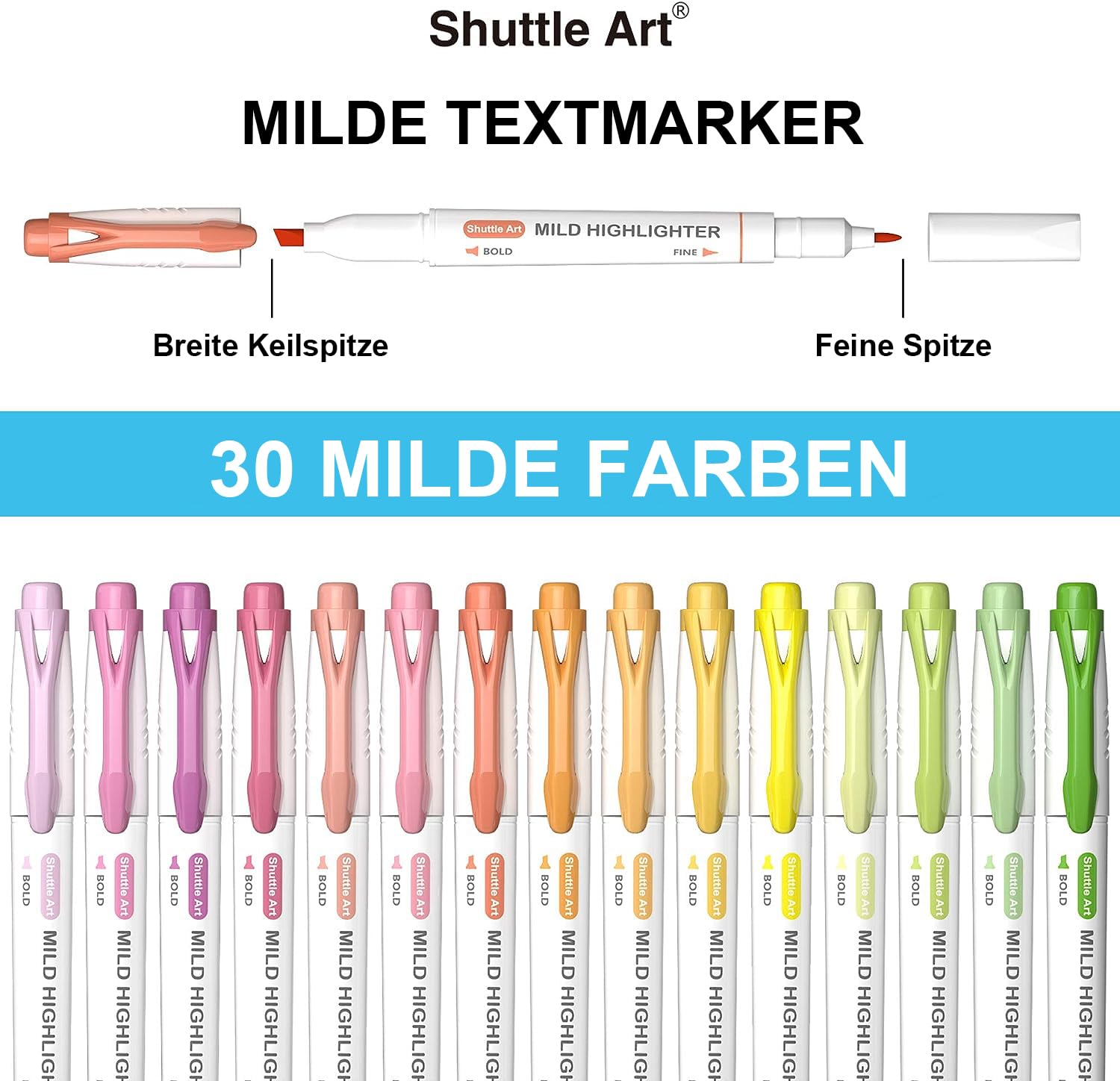 Shuttle Art Textmarker, 30 bunte Pastell Textmarker mit weichen Farben und zwei Arten von Spitzen, dick und dünn, Macron-Farben für Teenager, Kinder und Erwachsene zum Färben