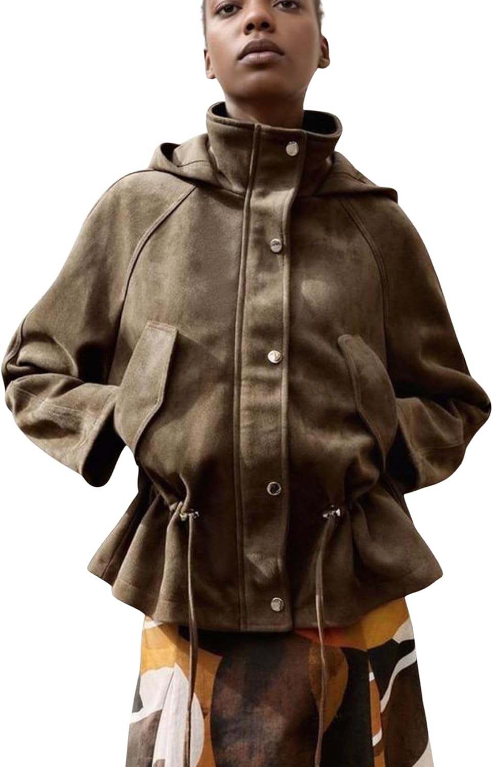 Xunger Women's Vintage Faux Suede Hooded Jacket Oversized Drawstring Waist Coat Stand Collar Casual Outerwear with Pockets