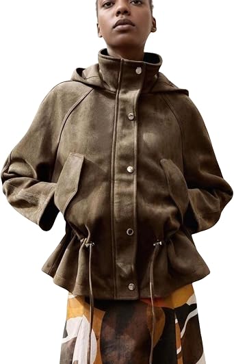 Xunger Womens Vintage Faux Suede Hooded Jacket Oversized Drawstring Waist Coat Stand Collar Casual Outerwear with Pockets