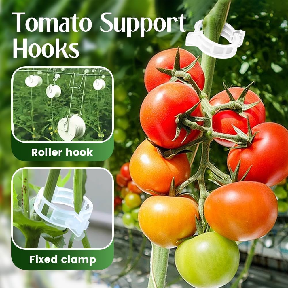Tomato Roller Hooks with String and Tomato Trellis Clips, Plant Support Clip for Climbing Plants, Reusable Tomatoes Support Hooks Stem Vine Clip Greenhouse Kit (White 10 Hooks+Green 100 Clips)