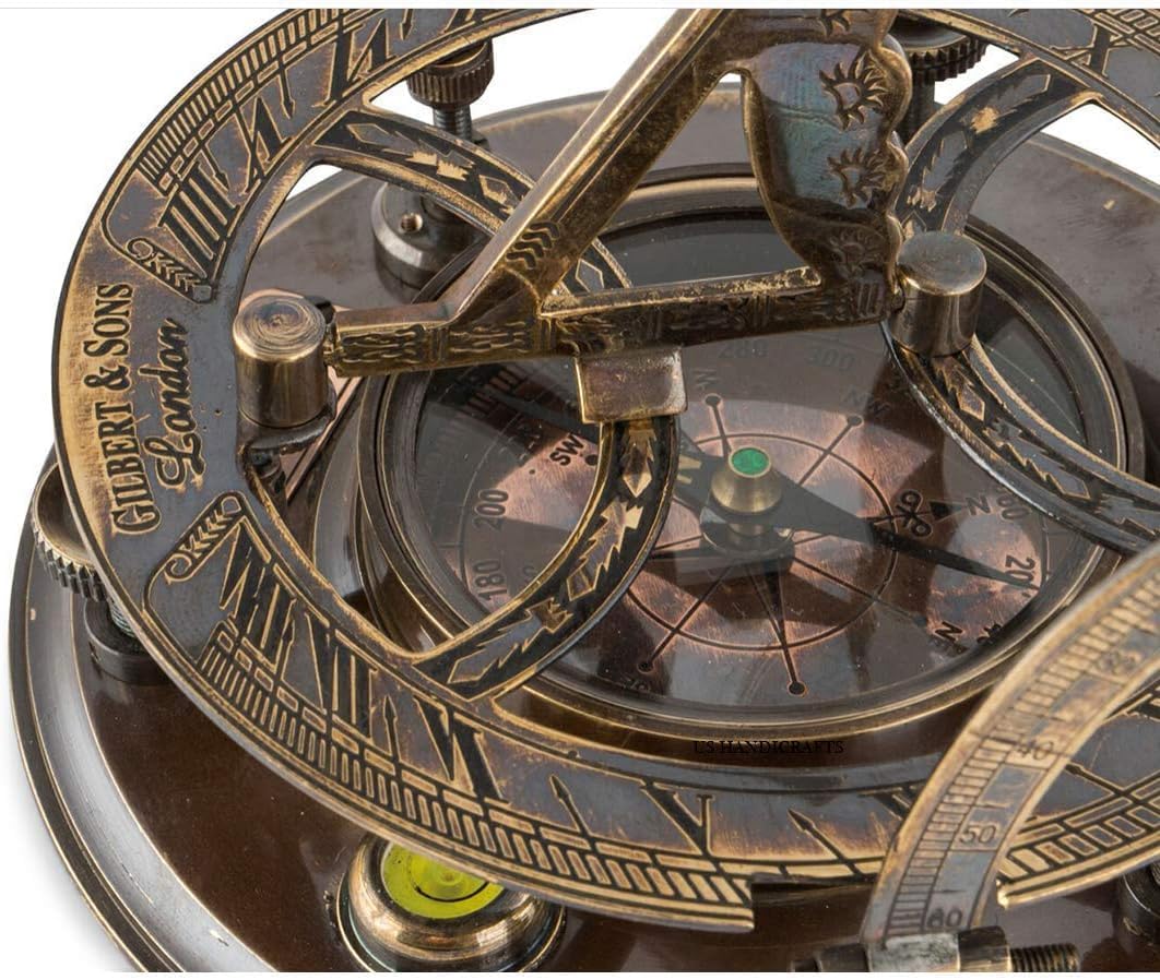 nauticalshoppee 5-Inch Brass Sundial Compass with Wooden Box – Vintage Nautical Marine Sun Clock for Navigation, Decoration, Gifts – Antique Ship Replica Maritime Compass