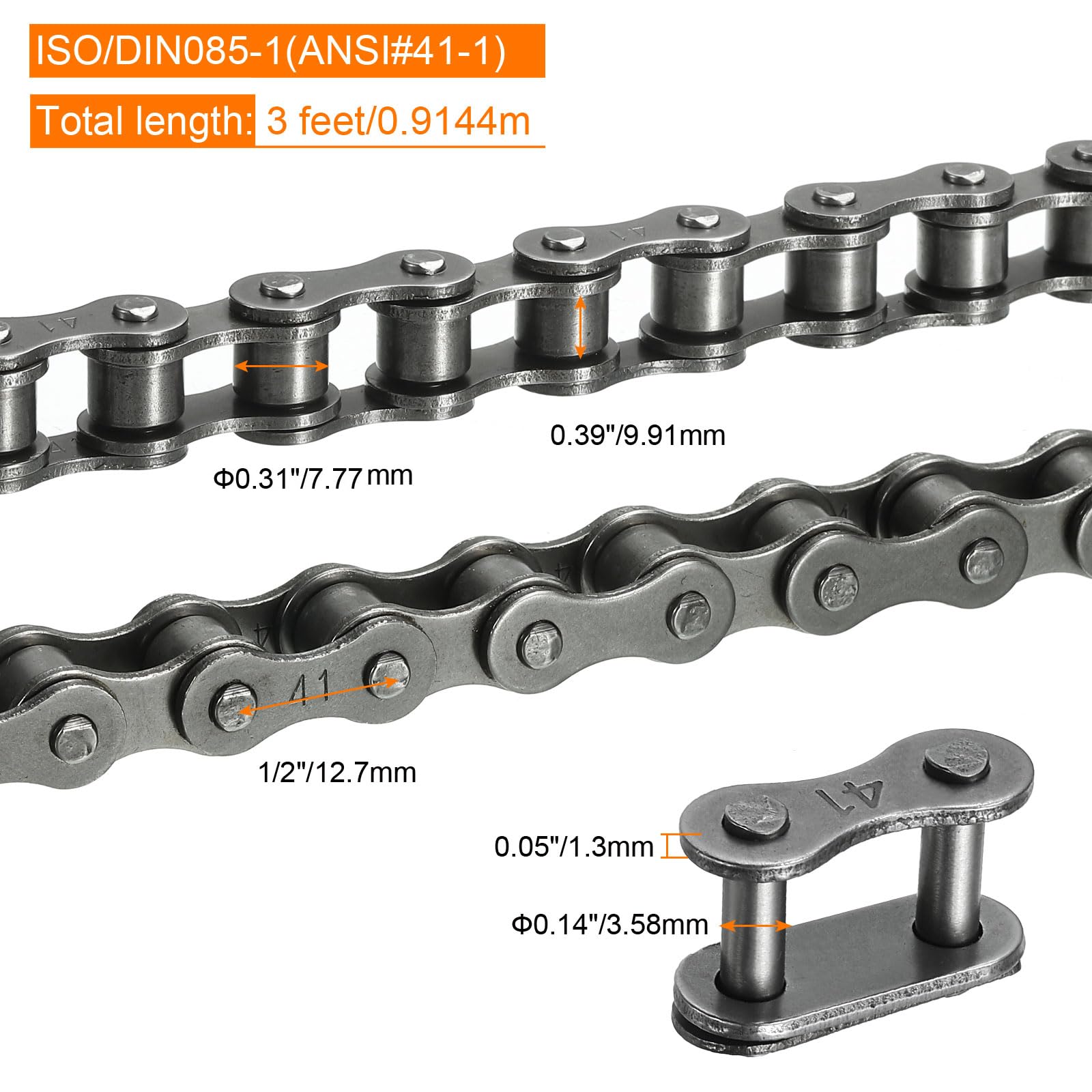 QUARKZMAN 085-1/#41-1 Catena a Rulli 3 Piedi Passo 1/2" Catene a Rulli Acciaio al Carbonio con 2 Collegamenti Master Gratuitiper Biciclette Motociclette, 72 Link