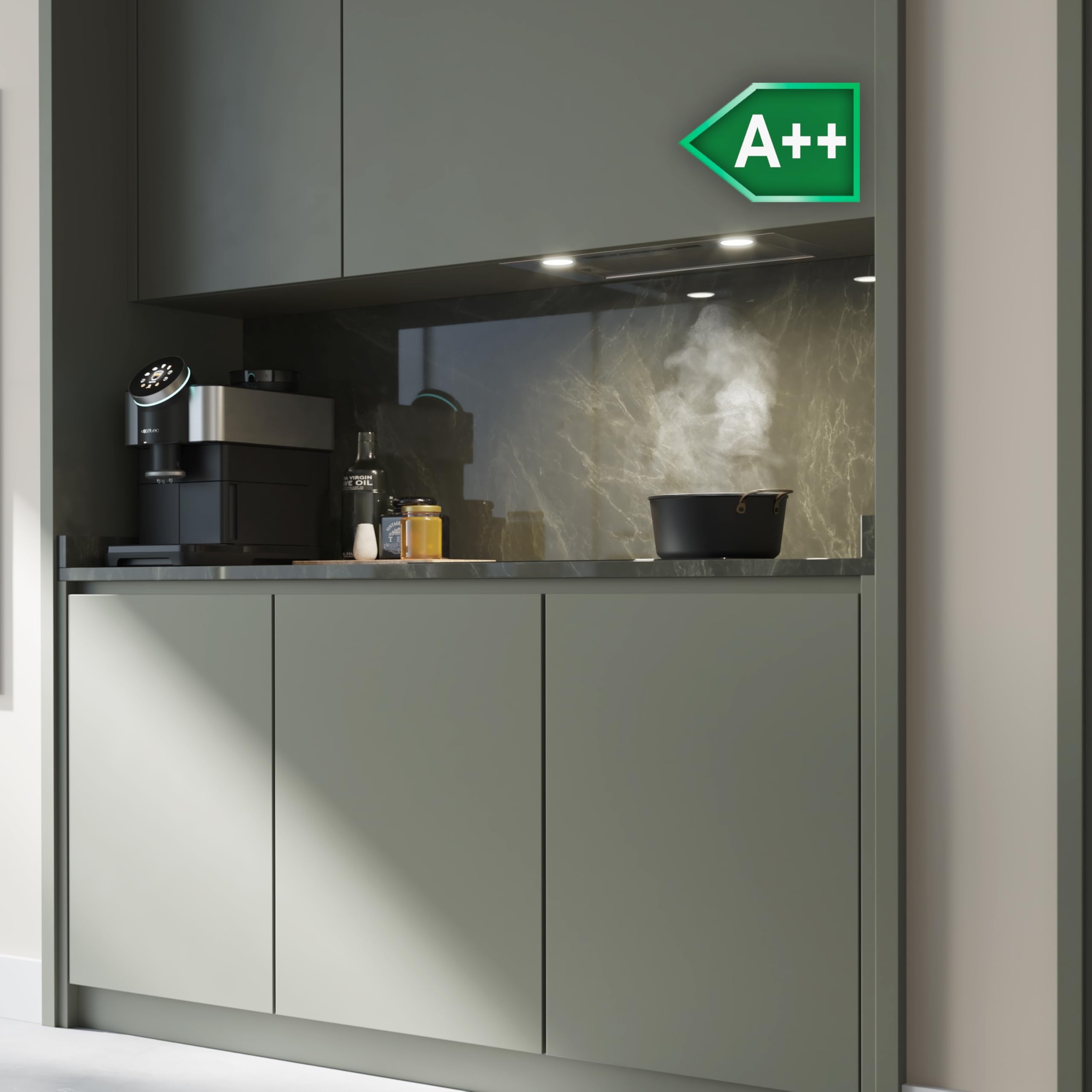 Cecotec Okap kuchenny Bolero Flux IT 525500 Stal nierdzewna A++. Silnik 70 W, 3 poziomy mocy, niskie zużycie, stal nierdzewna, moc 550 m³/h, dotykowy, wzmacniacz, światło i filtr węglowy
