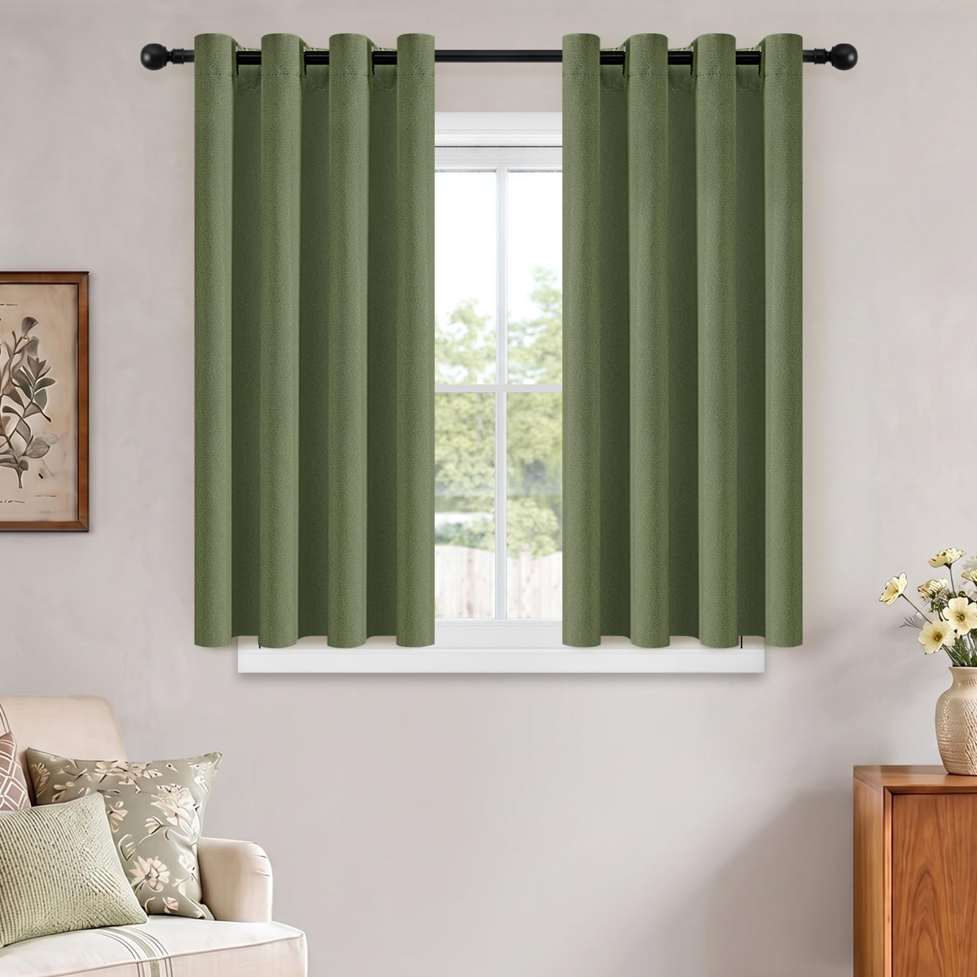 Blackout Curtains 54 Inch Drop for Bedroom Living Room Olive Green Soft Double-Sided Linen Curtains Dark Green Light Blocking Privacy Soundproof Thermal Eyelet Black Out Curtains Green 52"W x 54"L