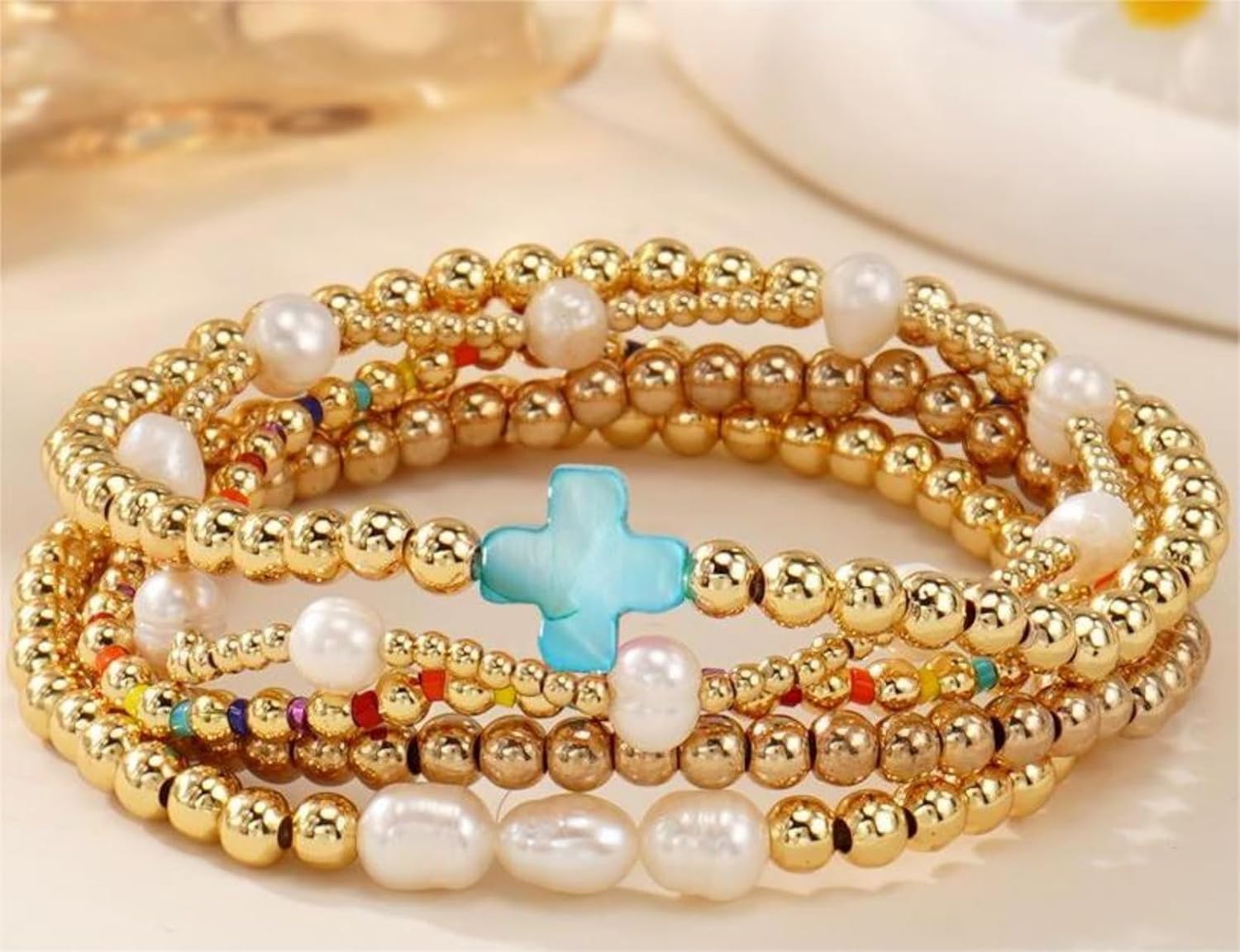 Gold Beaded Cross Bracelet for Women,14K Plated Adjustable Stackable Dainty Bracelets, Non Tarnish Fashion Jewelry Set Gifts for Women Birthday Friendship（Blue） - Image 3