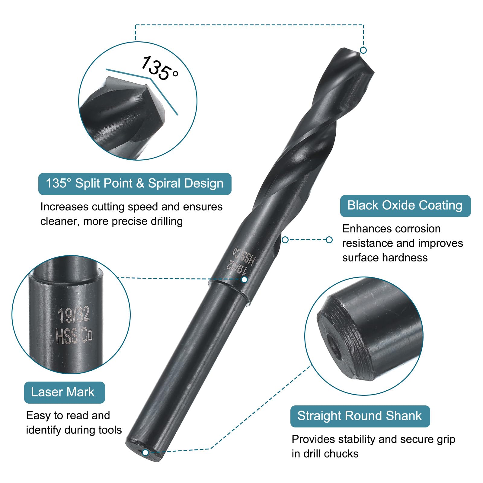 QUARKZMAN Punte Per Trapano HSS M35 Ad Alta Velocità 19/32" Con Codolo Dritto Rotondo 1/2" Per Metallo, Acciaio, Alluminio, Plastica, Legno, 5pz