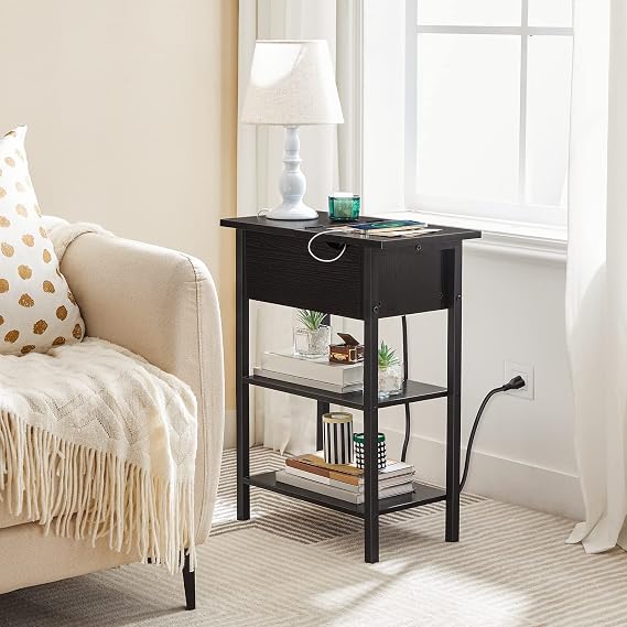 HOOBRO Side Table, Flip End Table with Charging Station and Shelves, USB Ports & Power Outlets, Narrow Nightstand for Small Spaces, Stable and Sturdy, for Living Room, Black BK341BZ01