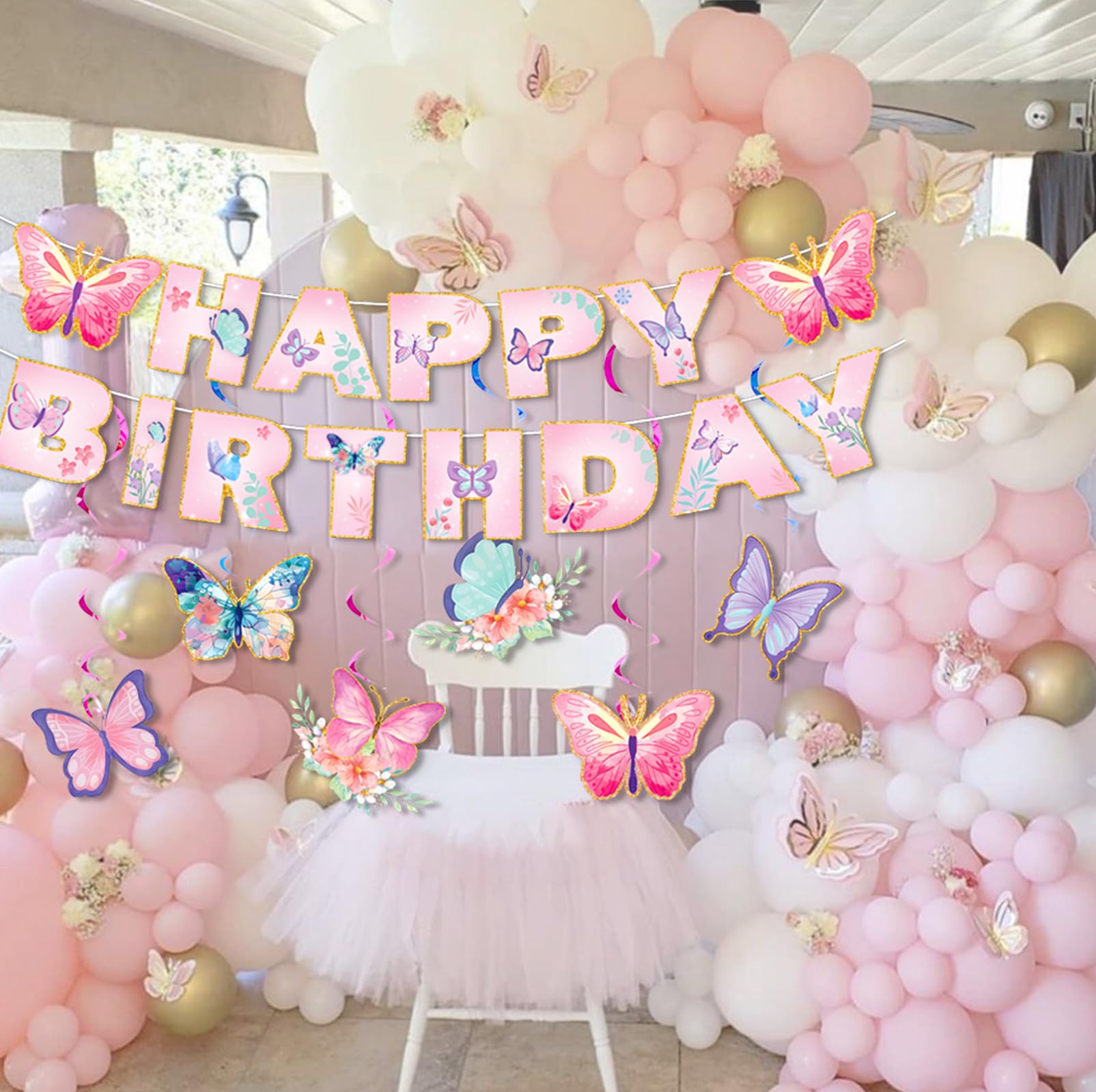 Schmetterling Geburtstagsdeko-Set – Mit Spiralschmetterlingen, Happy Birthday Banner & Blumen-Girlande In Rosa & Lila