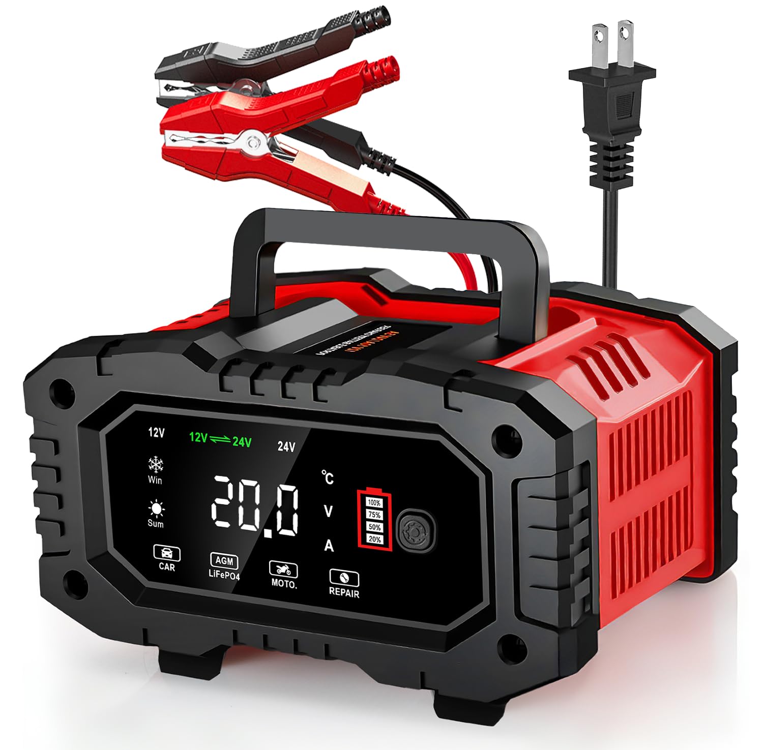 Cargador de batería Premium de 20 amperios, 12 V/24 V LiFePO4 de Plomo ácido AGM, Cargador automático Inteligente de batería para automóvil, mantenedor de batería con reparación de Pulso/compensación