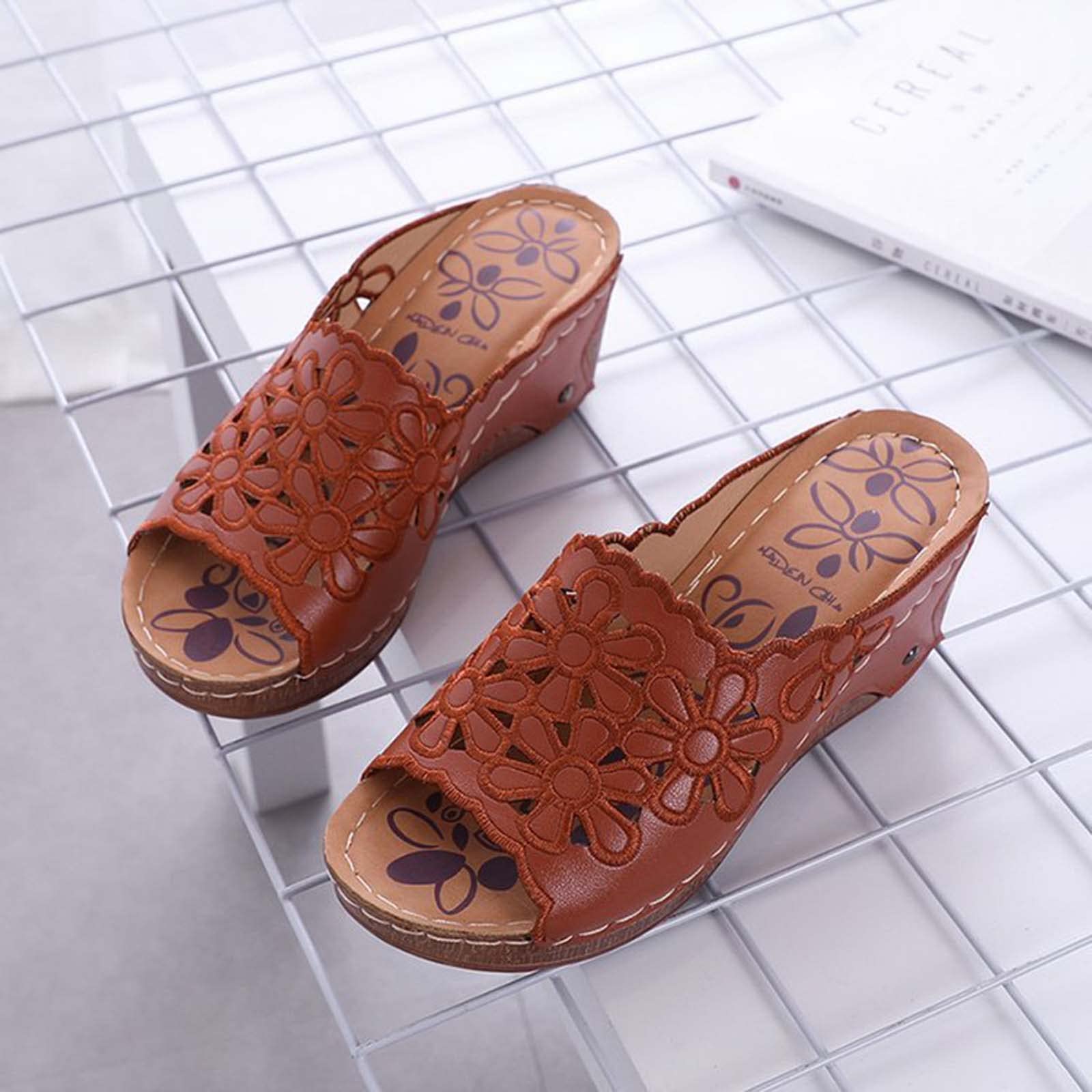 HHZYT Women's Open Toe Wedge Sandals Summer Clogs Mules Platform Loafer Slippers Ladies Flower Embroidered Slip on Sandals Backless Garden Beach Shoes,Brown,US5/EU36