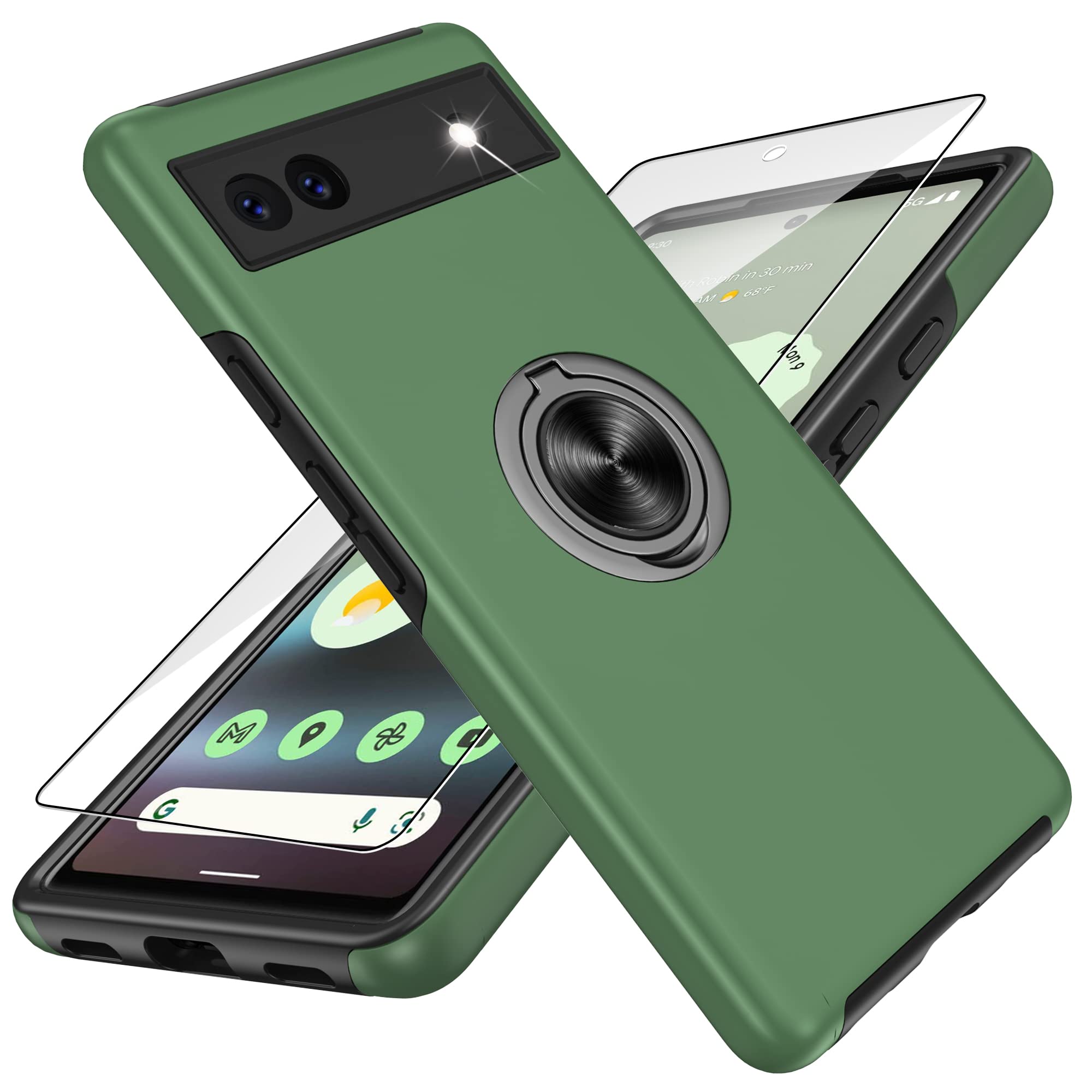 Coque Pixel 6A avec protège-écran et anneau de support en vert rustique - 8