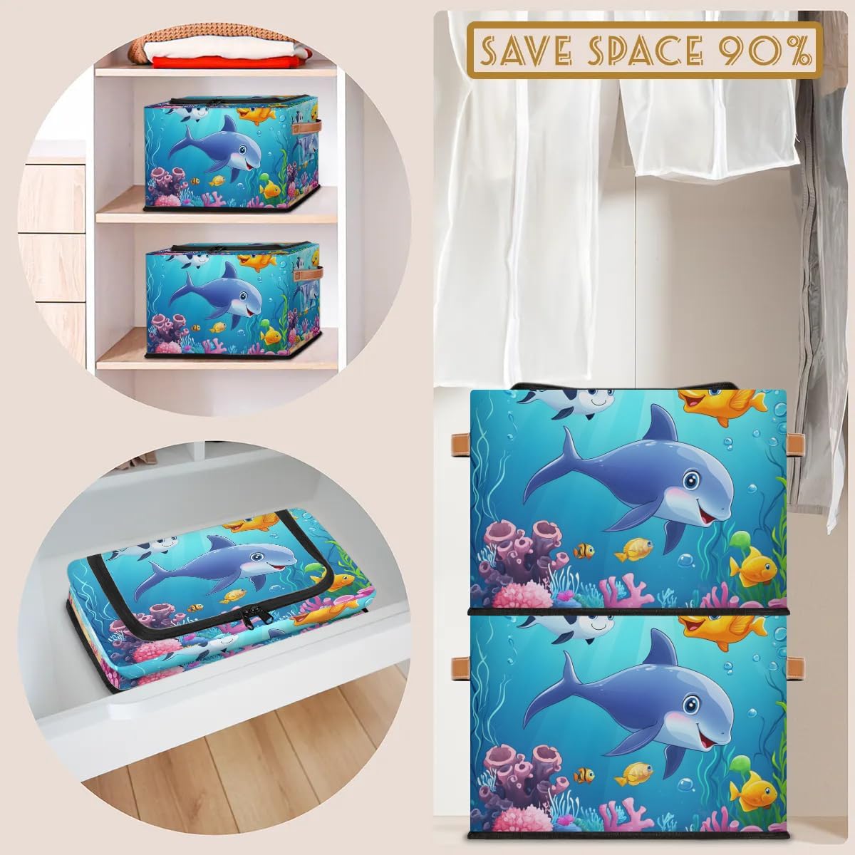 Fish Dolphin Cute Animals Storage Bins With Lids, Foldable Storage Basket, Toy Storage Box, Used For Storing Clothes Blankets Pillows, 14.2 ”x 10.2" x 10"