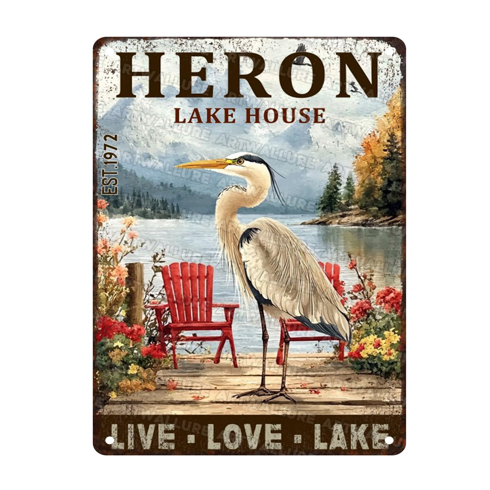 Vintage Heron Lake House Tin Sign Rustic Cabin Wall Art Metal Poster Retro Cabin Decor Lakeside Home Decoration Iron Plaque 12x16inch